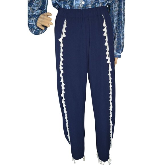 NWT Green Envelope Navy Blue Tulip Harmen Pants White Tassels Womens Small Boho - Picture 1 of 10